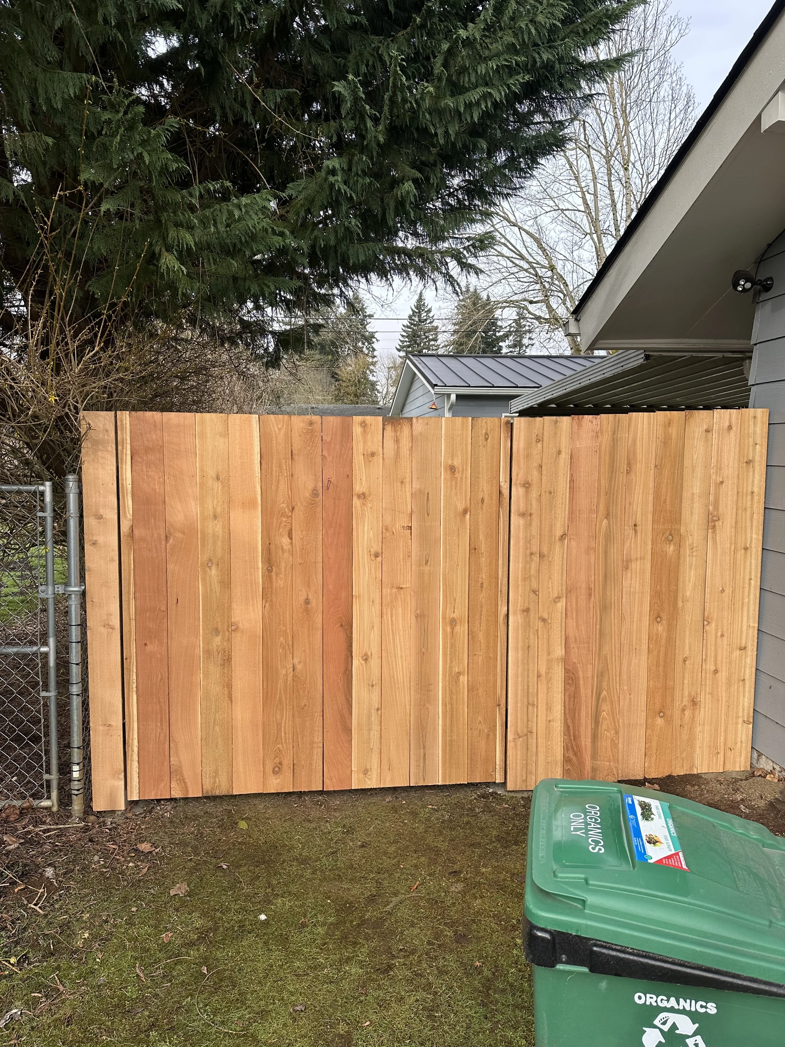 A green trash bin with a black lid and a label that reads "ORGANICS ONLY" is positioned on a grassy ground in front of a wooden fence. Behind the fence, there are rooftops of residential houses and a large evergreen tree, with some leafless trees in 