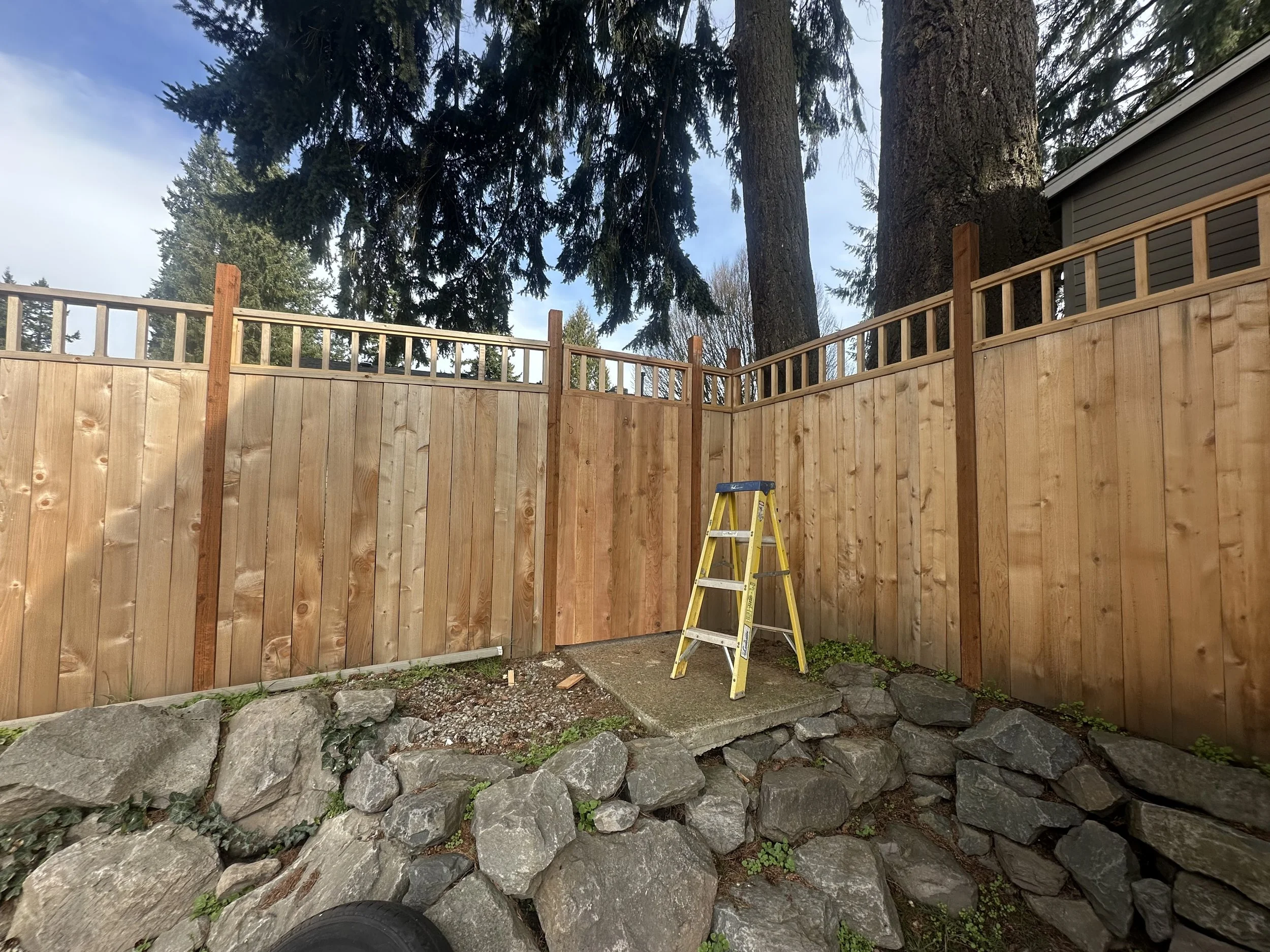 A wooden privacy fence with a gate on the left side, on a rocky ground with rocks and some green plants. Two large trees are visible behind the fence, with a house partially visible on the right side, and a yellow ladder is standing in front of the fence.