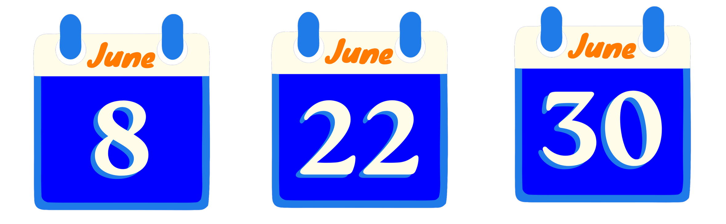 Three calendar pages showing the dates June 8, June 22, and June 30, hanging on hooks against a black background.