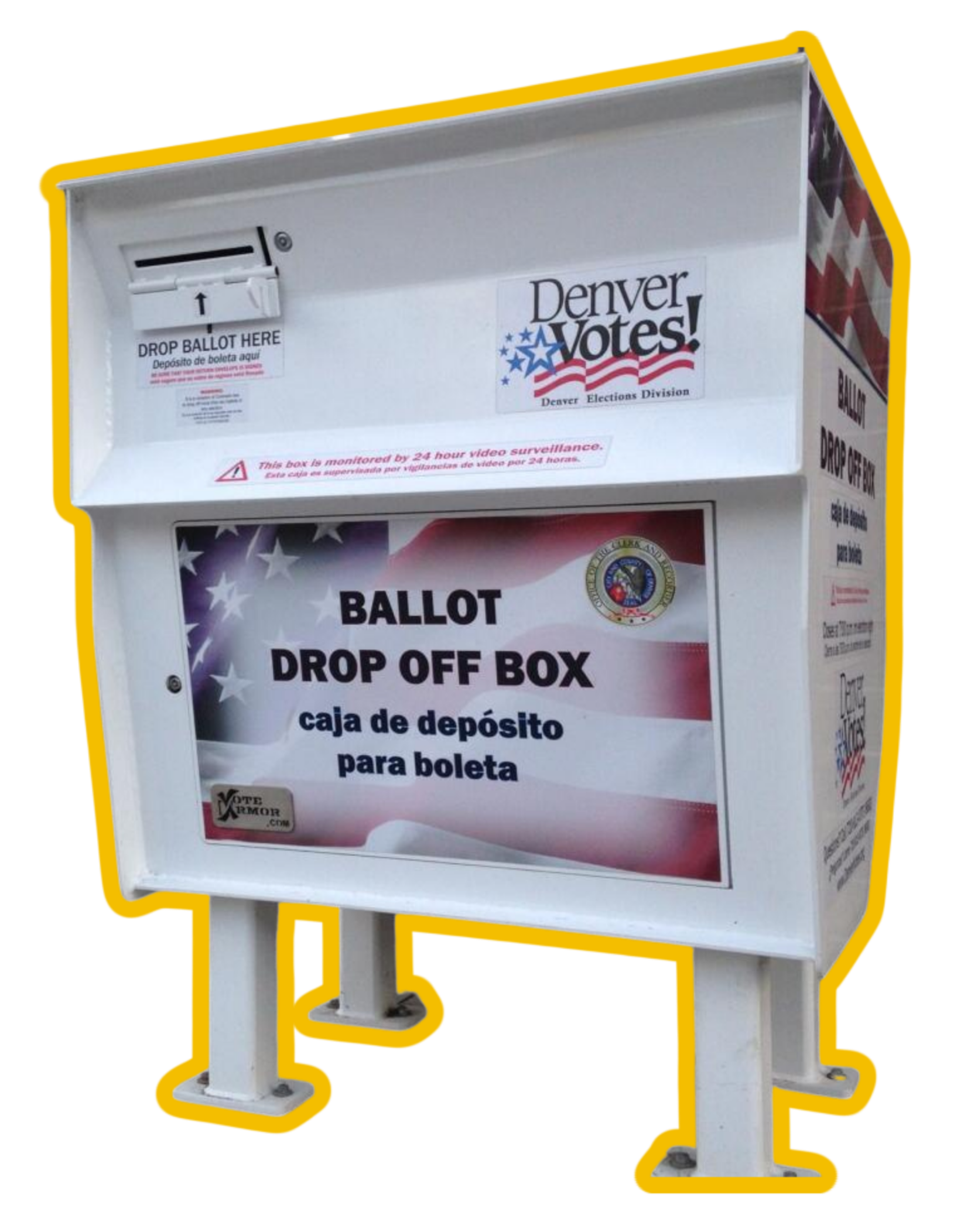 A white ballot drop box with a sign that reads 'Ballot Drop Off Box' in English and Spanish, officials insignia, and patriotic decorations, used for submitting ballots in Denver, Colorado.