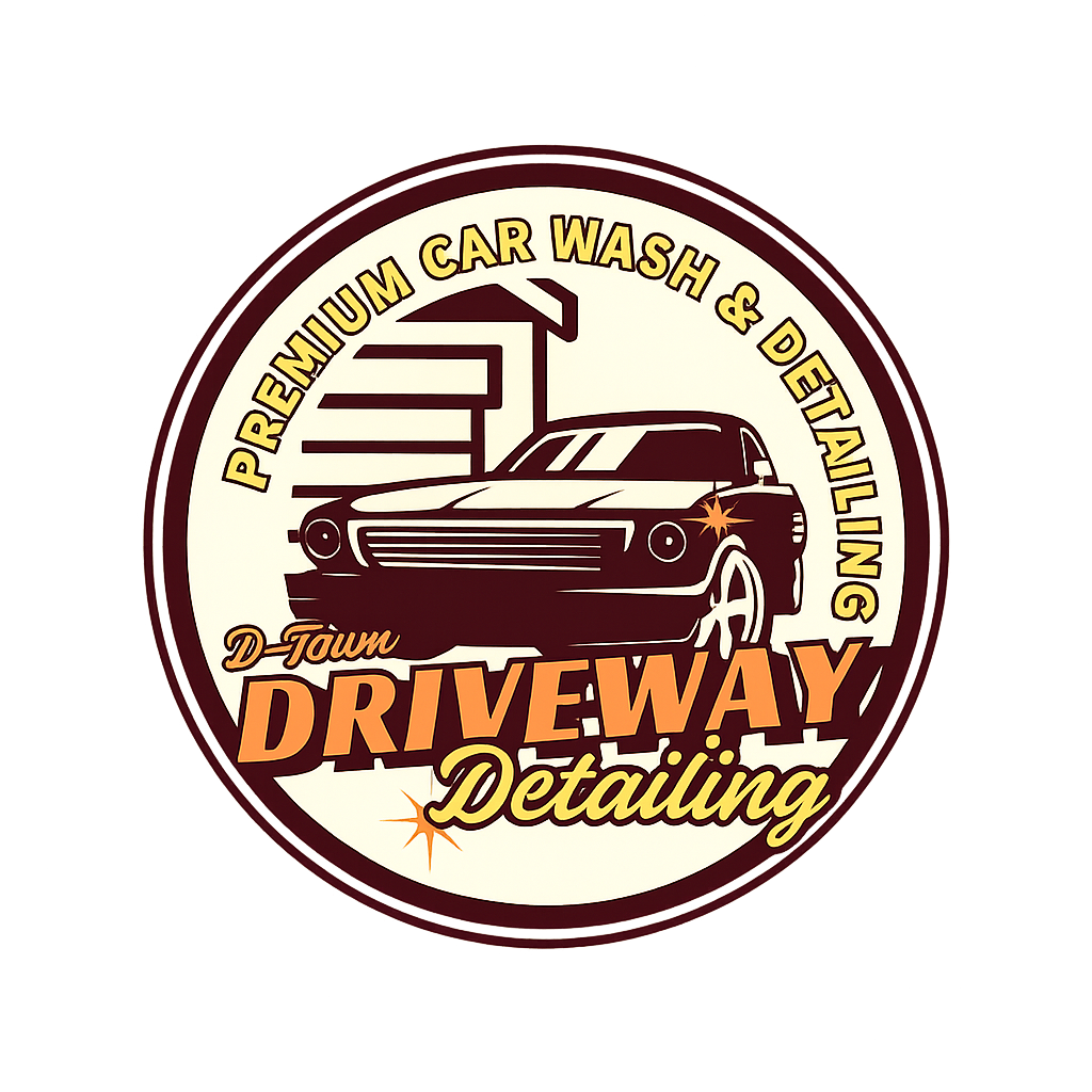 A circular logo for a car detailing business featuring a stylized black car, with the text 'Premium Car Wash & Detailing', 'D-Town Driveway', and 'Detailing' in bold fonts.