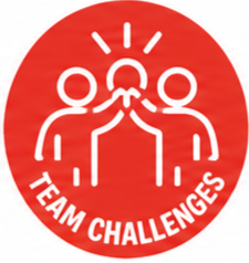 Red circular logo with two people facing each other and a light bulb above, symbolizing ideas and teamwork. Text reads 'Team Challenges' at the bottom.