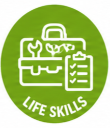 Illustration of a toolbox, wrench, screwdriver, and checklist with the text 'Life Skills' on a green circular background.