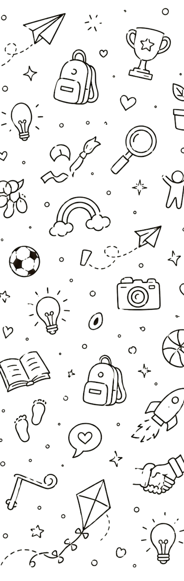 A black and white digital illustration with school-related, travel, and technology icons, including backpacks, light bulbs, magnifying glass, camera, rocket, soccer ball, guitar, umbrella, rainbow, and paper airplanes, all scattered across a black background.