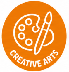 Orange circular logo featuring a painter's palette and brush, with the words 'Creative Arts' at the bottom.