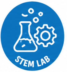 Blue circle with a white outline of a laboratory flask, a gear, and bubbles, labeled 'STEM LAB'