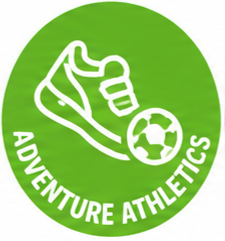 Green circular logo with a white outline of a hiking boot, a globe, and the text 'Adventure Athletics'.