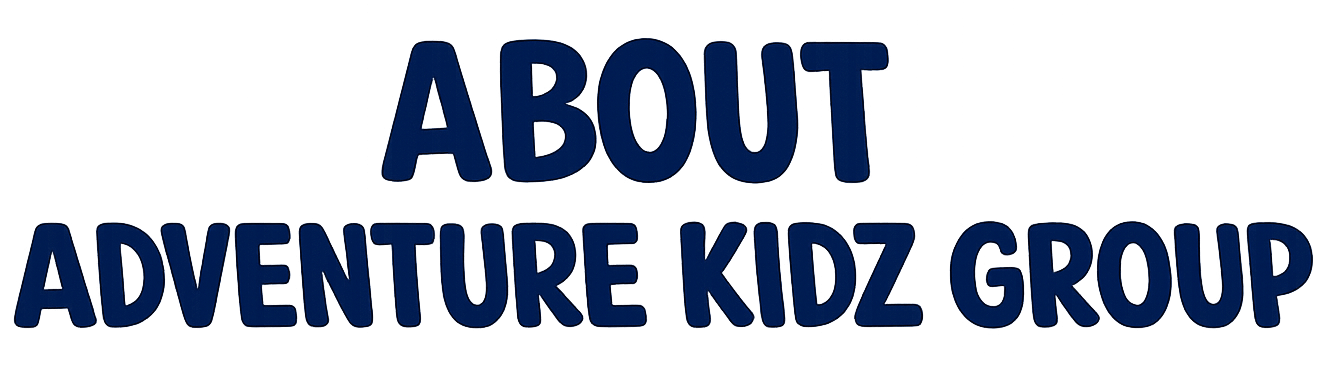 Text reads "ABOUT ADVENTURE KIDZ GROUP" in bold blue font on a white background.