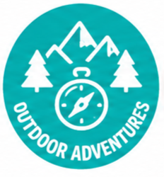 Circular logo with mountains, pine trees, and a compass, with the text 'OUTDOOR ADVENTURES' at the bottom.