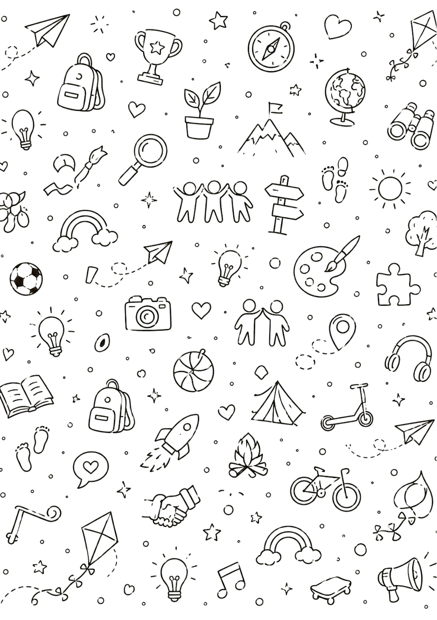 A seamless pattern of white sketches on a black background, featuring icons such as a paper airplane, trophy, compass, heart, globe, binoculars, campfire, bike, music notes, lightbulb, magnifying glass, group of people, signpost, and various outdoor and adventure symbols.