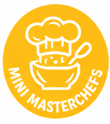 Logo with a yellow circle, featuring a white chef's hat and spoon, and the text 'Mini Masterchefs' around the bottom edge.