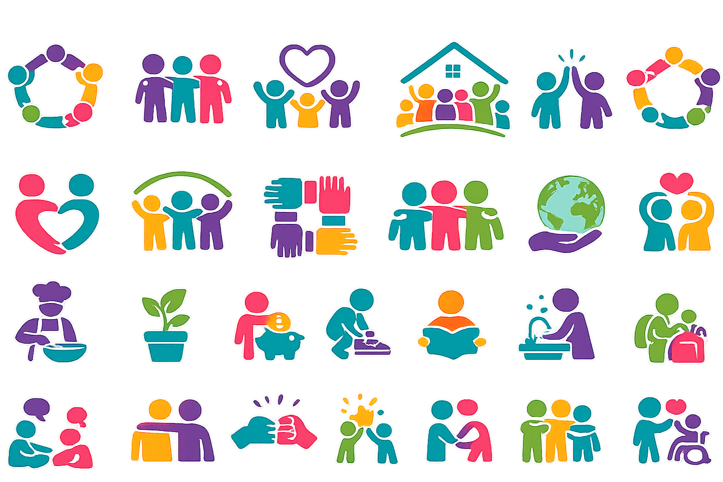 Colorful icons representing community, family, care, health, environment, learning, and social activities.