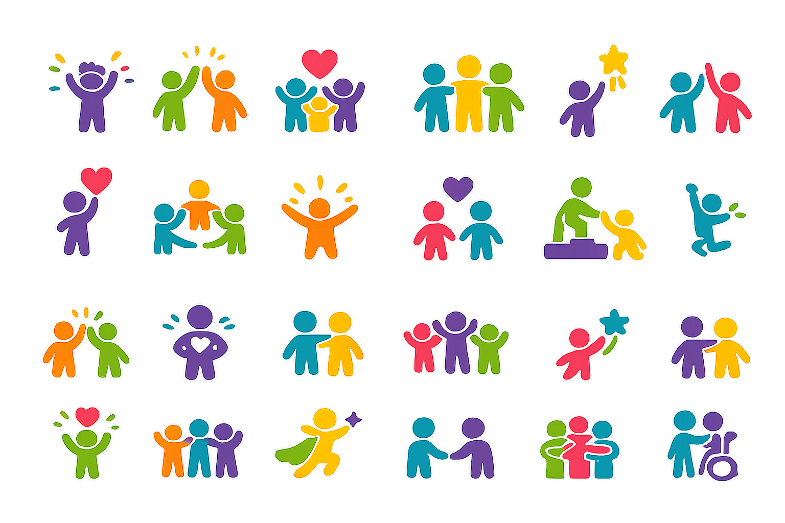 Colorful illustrated characters symbolizing various activities and emotions, arranged with some on backgrounds depicting a playful or social scene.