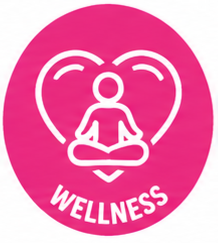 Pink wellness logo featuring a person in a meditation pose inside a heart shape, with the word 'WELLNESS' below.