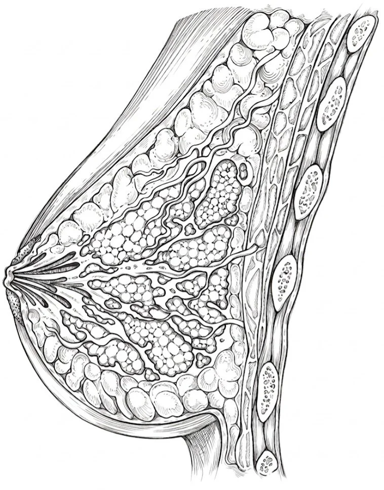 Line drawing of a cross-section of a female breast showing mammary glands, ducts, fatty tissue, and skin.