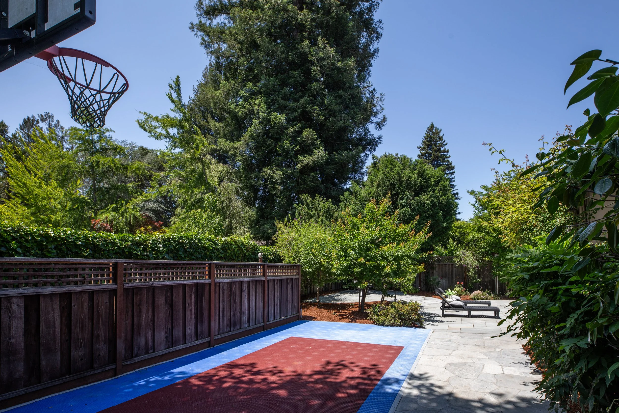 Backyard with a basketball hoop in the upper left, green trees, a wooden fence, a paved patio, lounge chairs, and a red and blue sports court.
