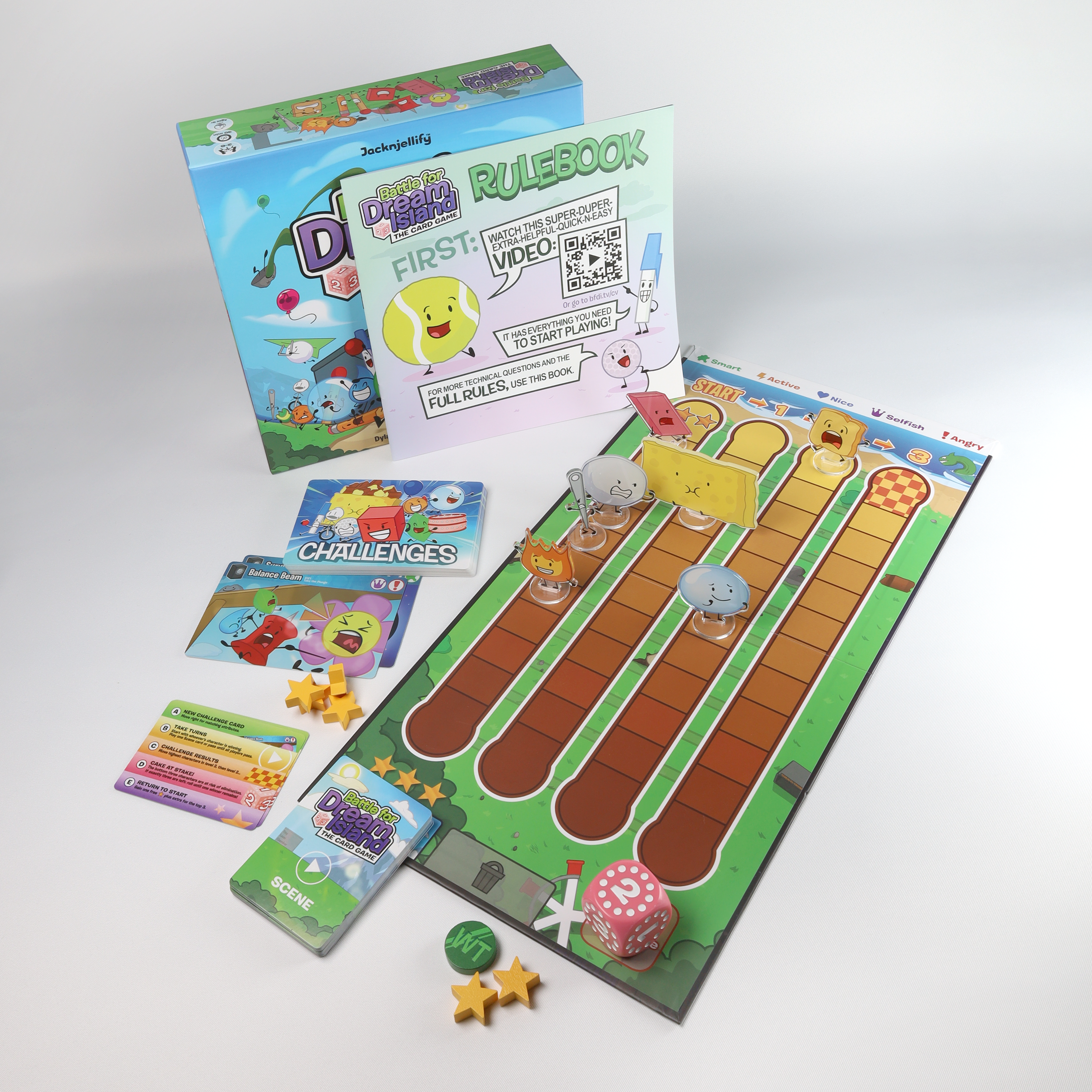 Board game titled 'Battle for Dream Island' with game pieces, cards, dice, and tokens arranged on a white surface.