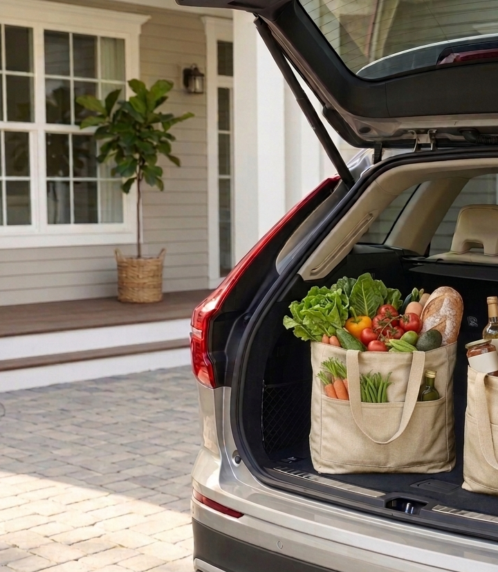 Open trunk of a car with reusable shopping bags filled with vegetables, bread, and bottle of wine, parked in front of a house with a potted tree and steps.