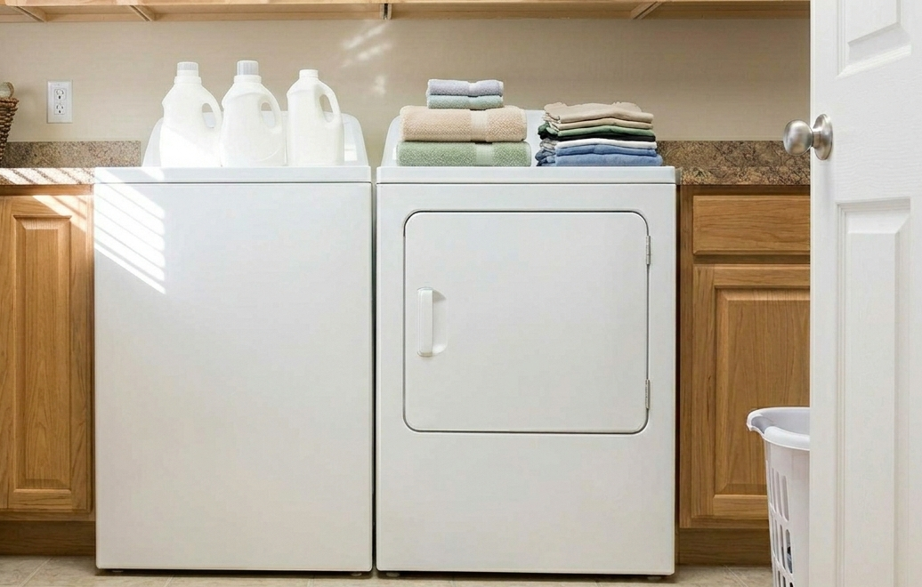Laundry room with washing machine and dryer, with laundry soap bottles on top of the washing machine, and stacked towels and folded clothes on top of the dryer.