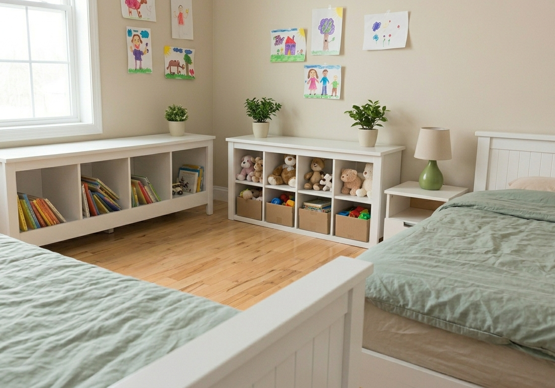 A child's bedroom with two beds, a window, wall art, a white shelf with stuffed animals and toys, and a white bench with potted plants.