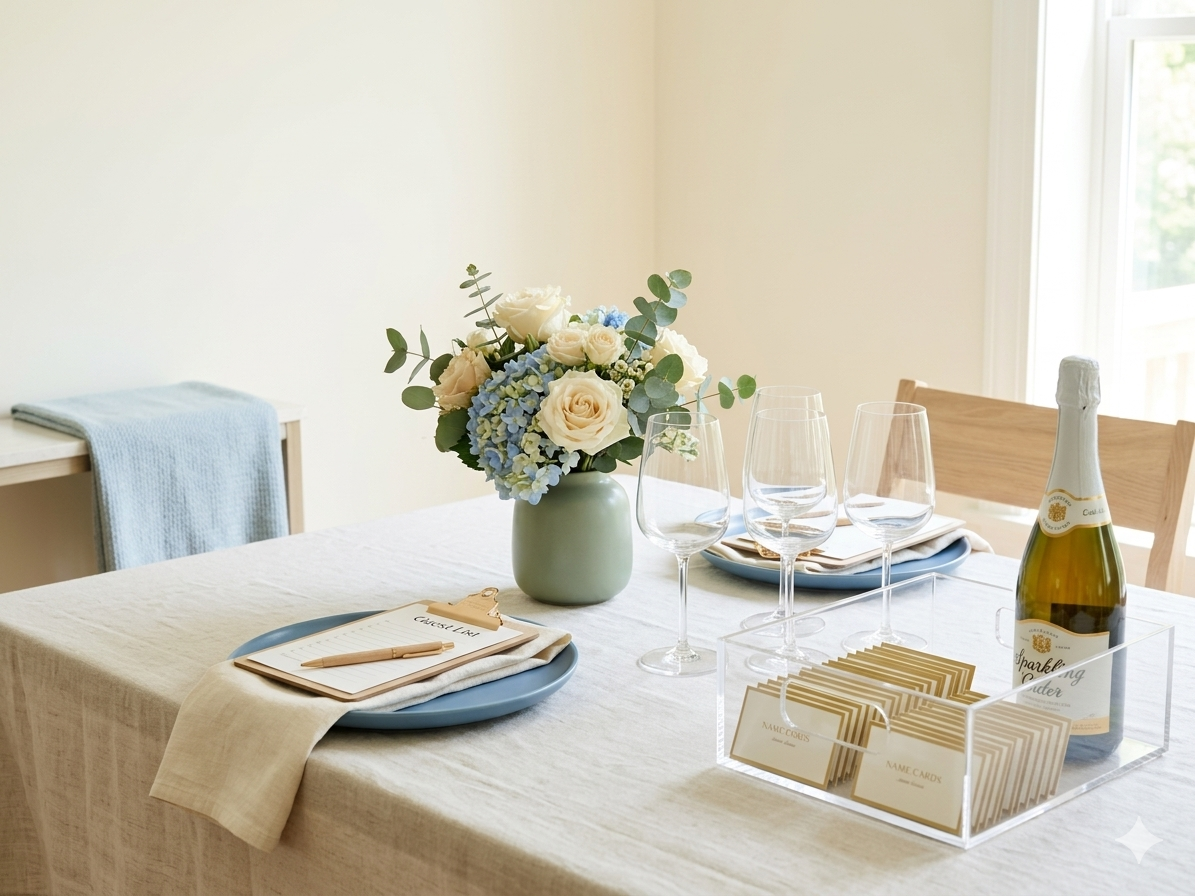 Elegant table setting with a floral centerpiece, wine glasses, champagne bottle, and stationery.