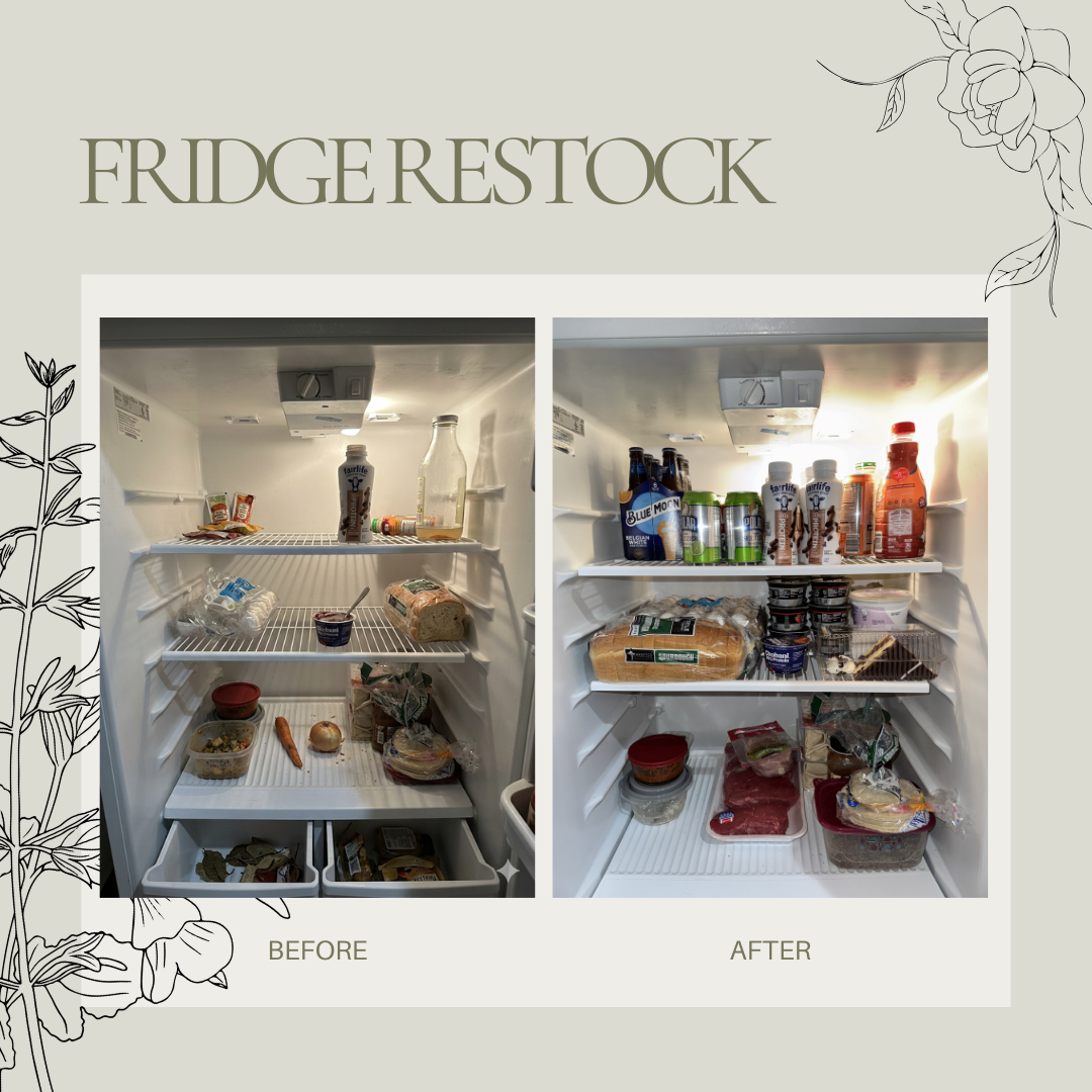 Side-by-side comparison of an empty refrigerator before and after being organized, showing various food and beverage items.