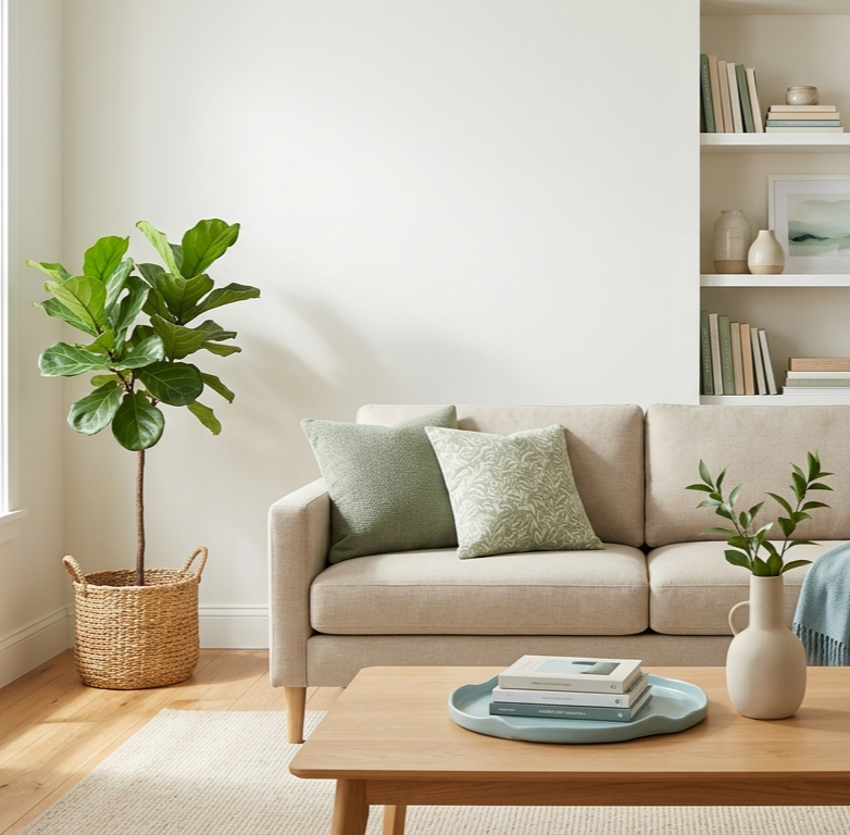 Living room with beige sofa, green and patterned cushions, light wooden coffee table with books and tray, white walls, built-in shelving with books and vases, and a large potted ficus tree in a woven basket.