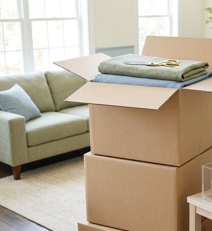 Three large cardboard moving boxes in a living room, with the top box open containing clothing and scissors, near a green sofa with a blue pillow, and a window with sunlight in the background.