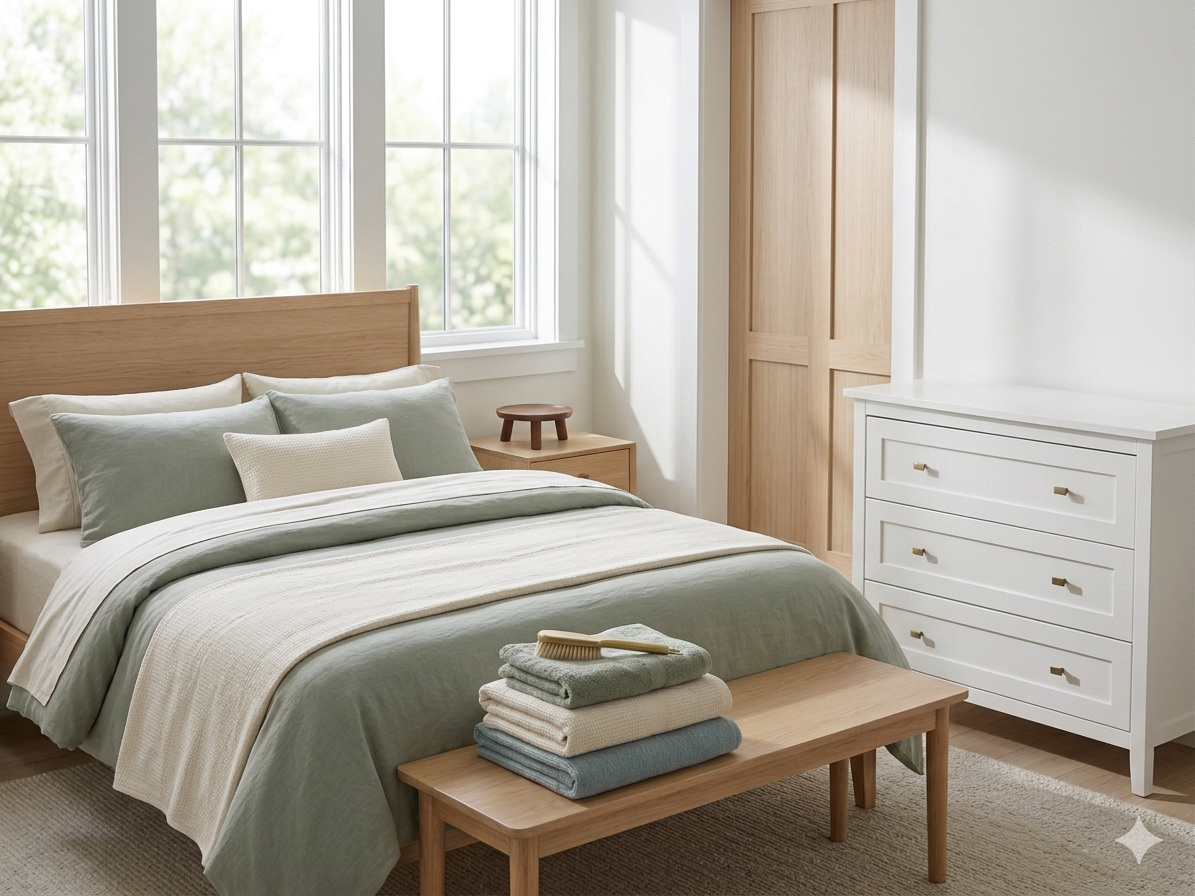 Bright bedroom with large window, wooden bed frame, light green and white bedding, small wooden side table, white dresser, and folded towels on a wooden bench.
