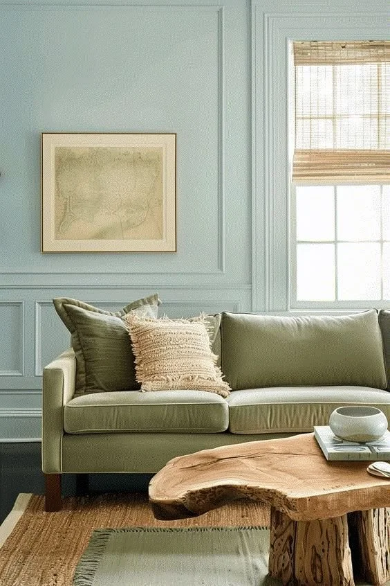 Living room with a sage green sofa, decorative pillows, a wooden coffee table, framed wall art, and a window with bamboo shades.