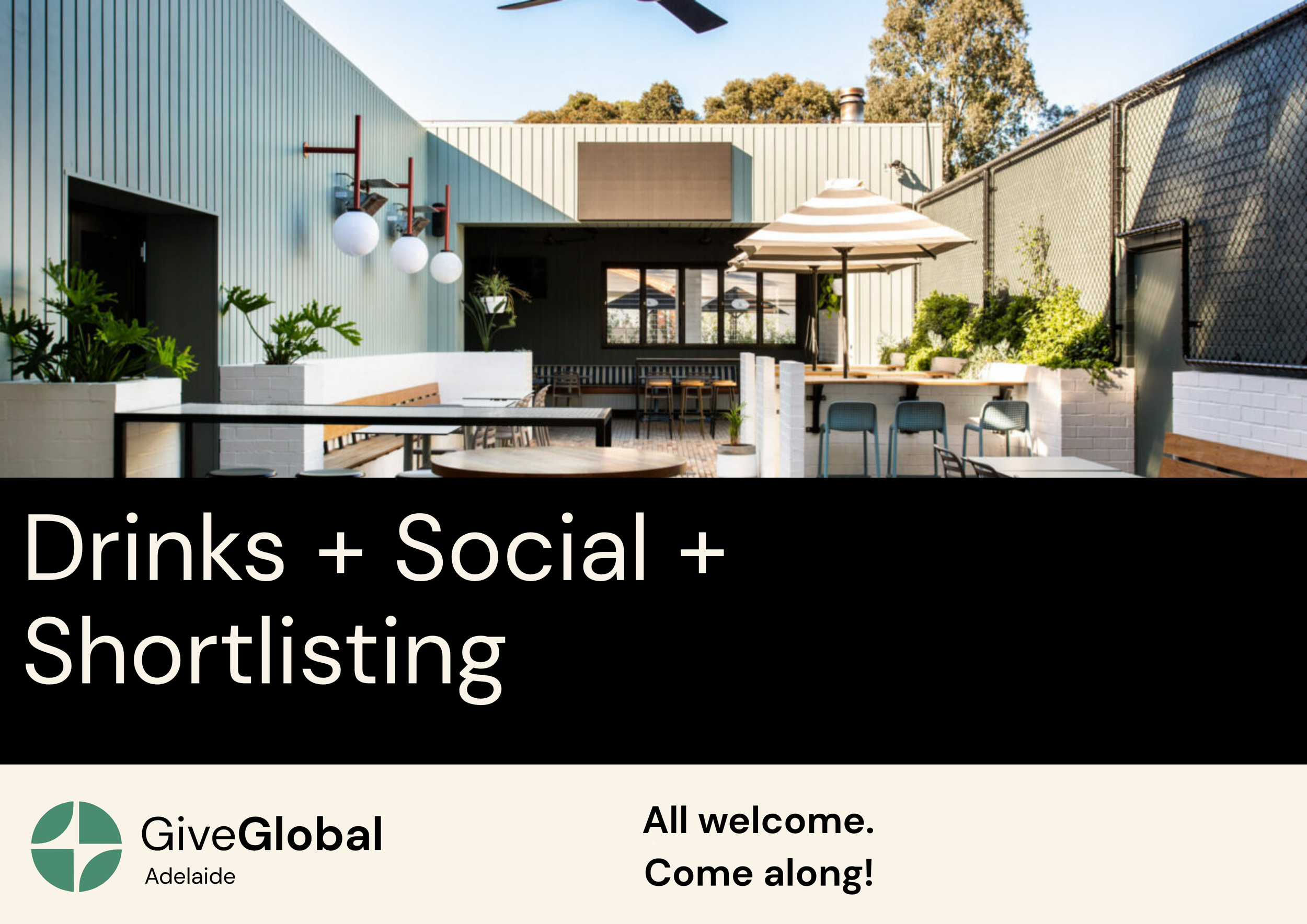 GiveGlobal Adelaide event banner for Drinks + Social + Shortlisting, showing the Parkside Hotel courtyard and inviting people to come along.