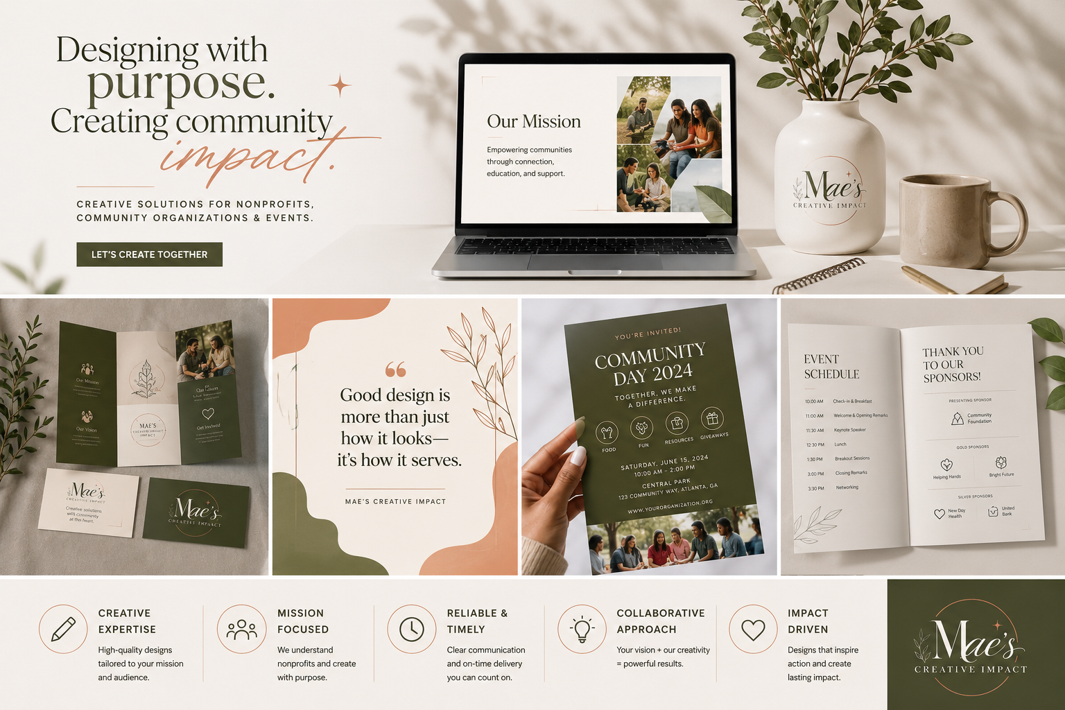 A promotional website homepage for Mae's Creative Impact, featuring a slogan about purpose and community, a laptop displaying mission statement, drinking mug, plant, brochure, and event flyer, with icons and text highlighting services like expertise, focus, reliability, collaboration, and impact.