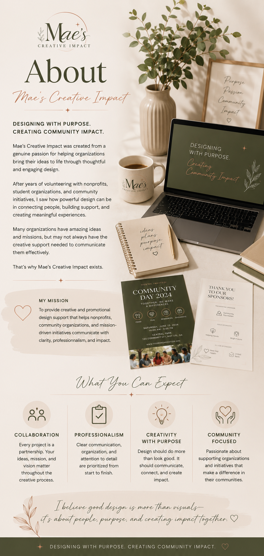 An informational flyer for Mae's Creative Impact featuring various elements, including a potted plant, coffee cup, laptop, notebook, and promotional materials. The flyer outlines the organization's mission, values, and what clients can expect, emphasizing collaboration, professionalism, creativity, and community focus.