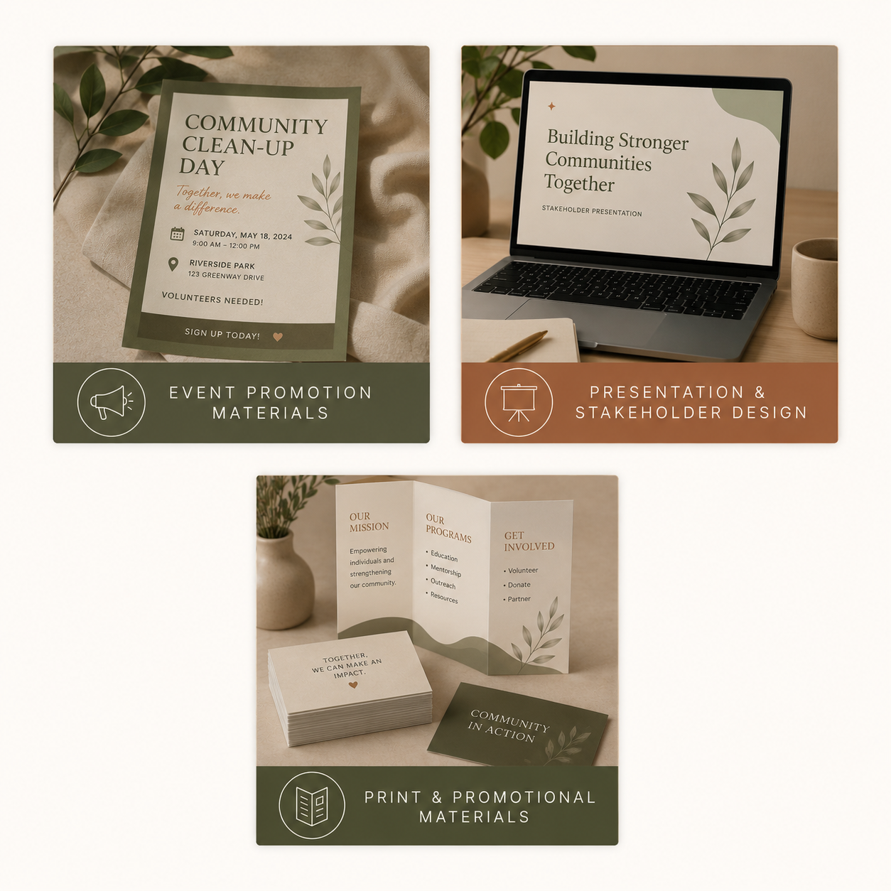 Three different sets of community event materials: a flyer for community clean-up day, a laptop displaying a presentation titled "Building Stronger Communities Together," and printed brochures with community mission and programs.