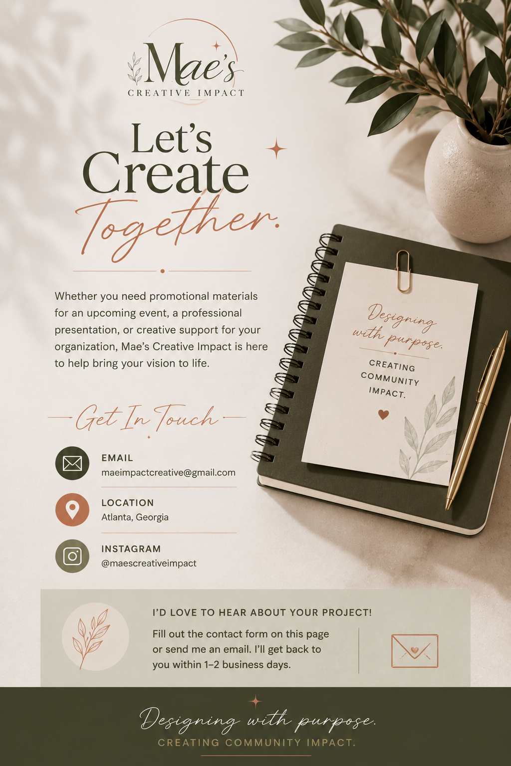 A promotional flyer from Mae's Creative Impact featuring a workspace with a notebook, a gold pen, a plant in a white vase, and an informational card. The flyer has coffee-colored and earthy tones, with the text "Let's Create Together" and contact details for Mae's Creative Impact.