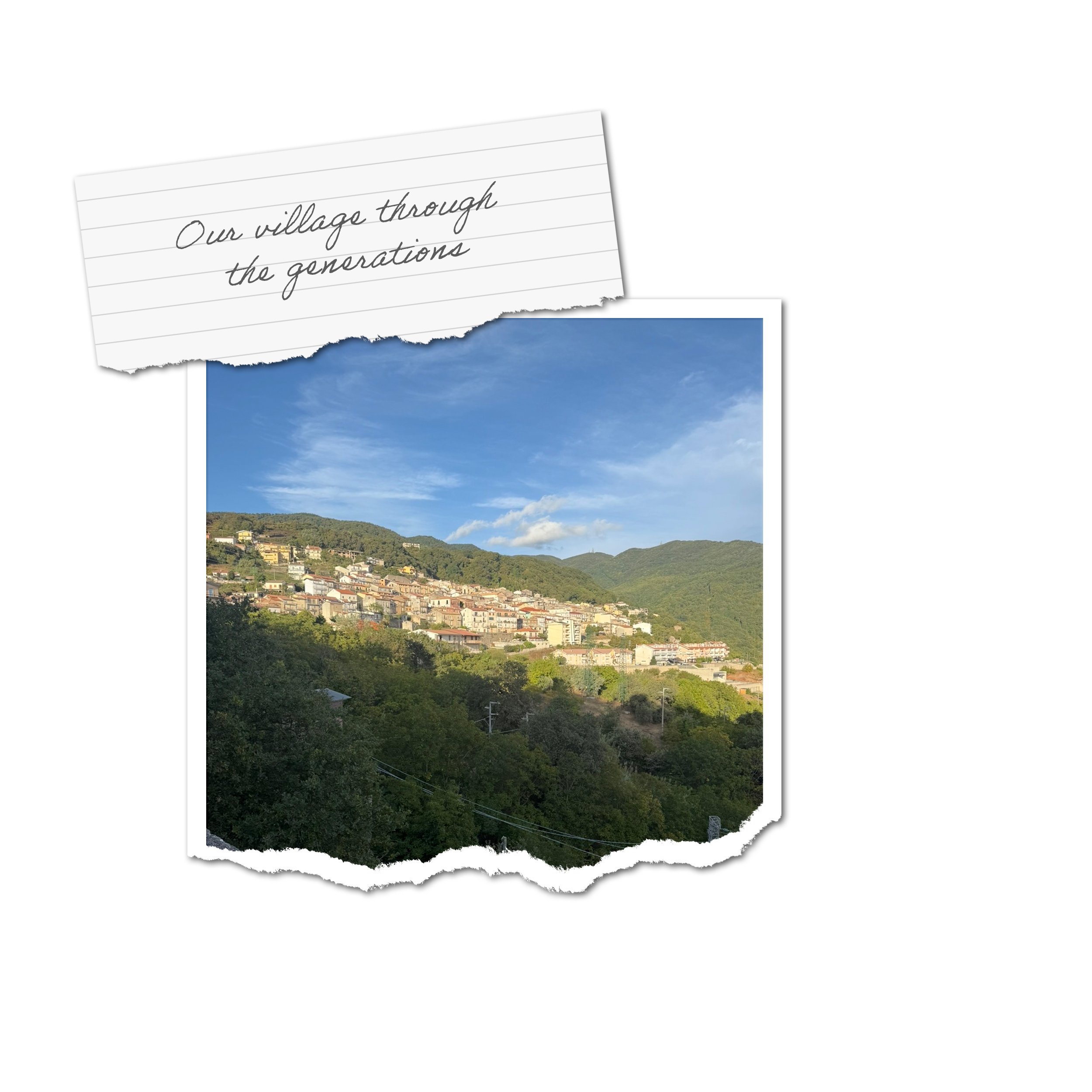 A scenic view of a hillside town with houses and trees, under a blue sky with some clouds.