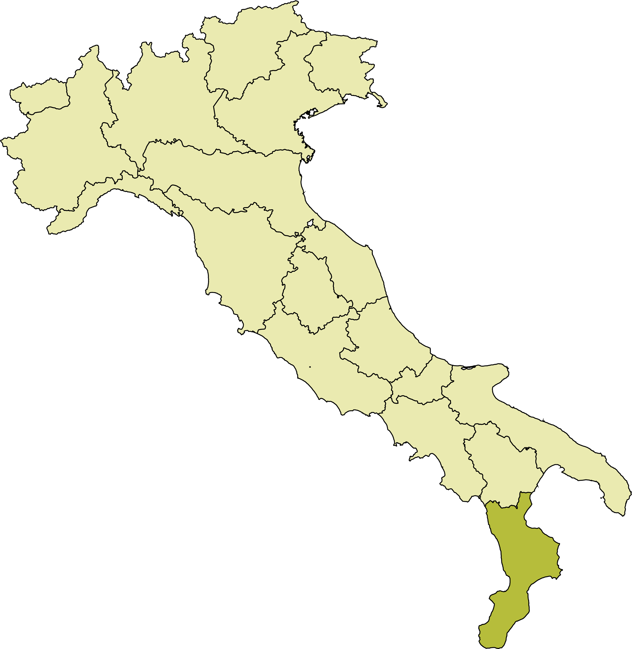 Map of Italy with Calabria outlined and highlighted in different shades of green and yellow.