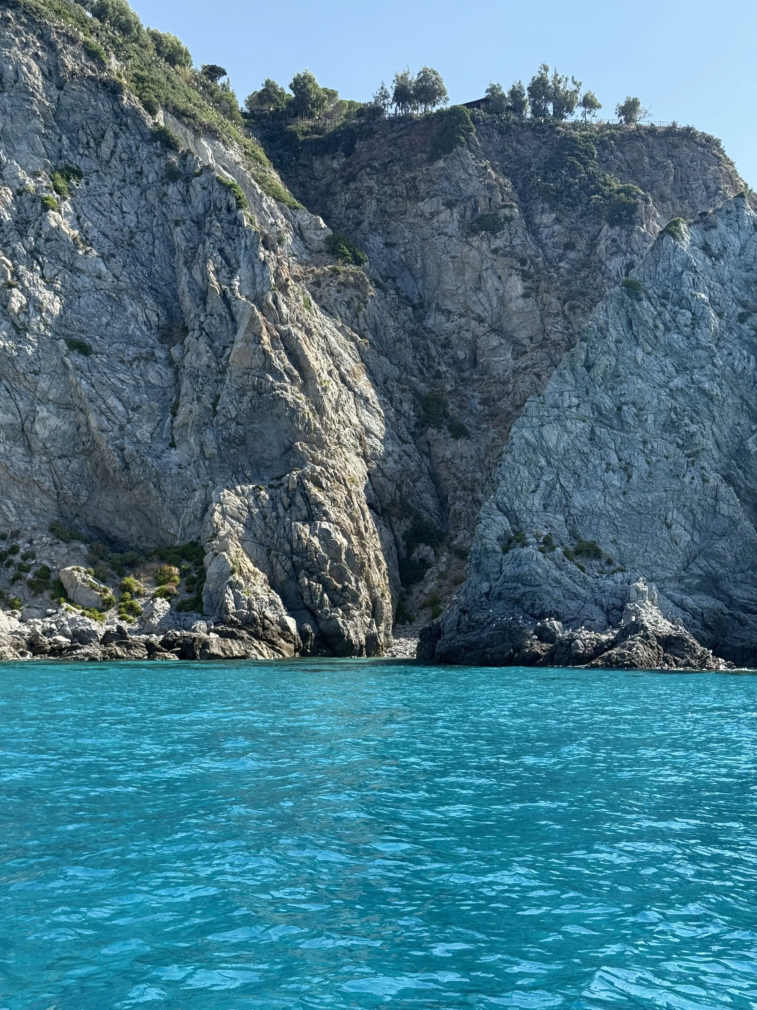Clear turquoise water of Sicily, Scilla or Tropea in the foreground with large rocky cliffs and sparse greenery, and a few trees on top of the cliffs under a bright blue sky.