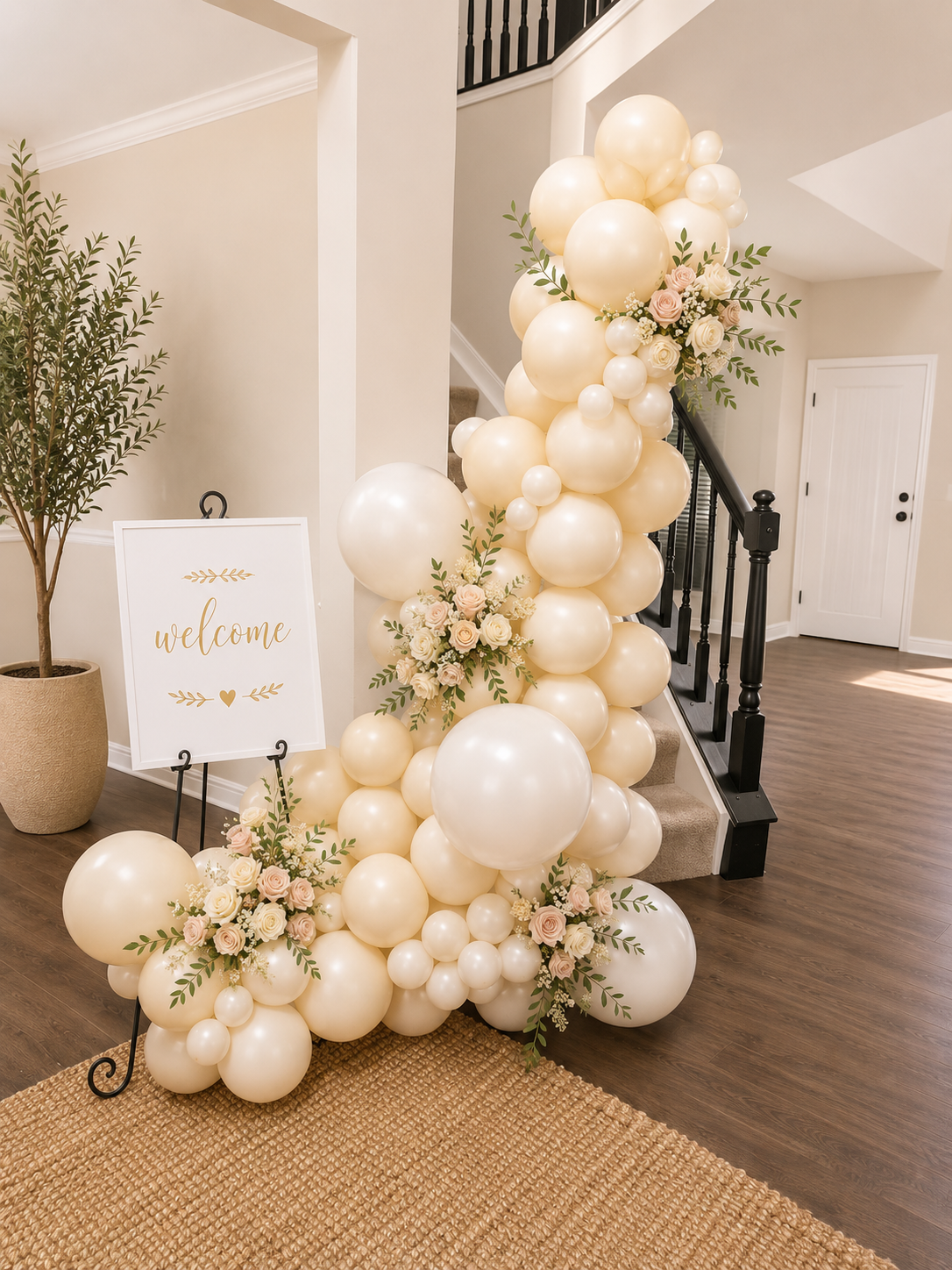 Decorative arrangement of beige and white balloons with floral accents of pink and white roses, green leaves, positioned next to a staircase in a home, with a welcome sign on a stand nearby.