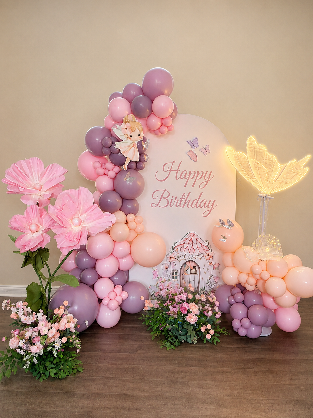 fairy birthday balloon garland and backdrop