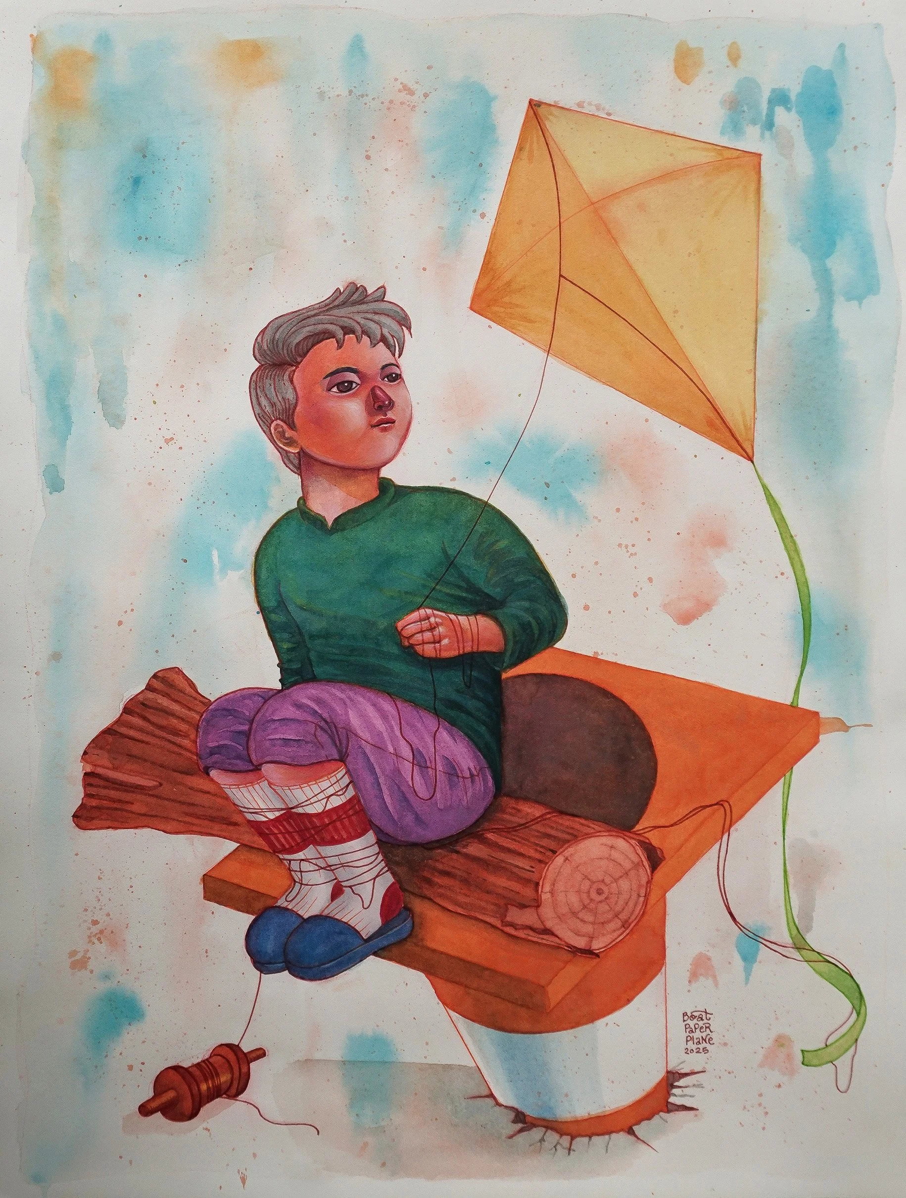 “A Quiet Tug” Watercolor, Ink, & Acrylic on Paper (32cm x 42cm)