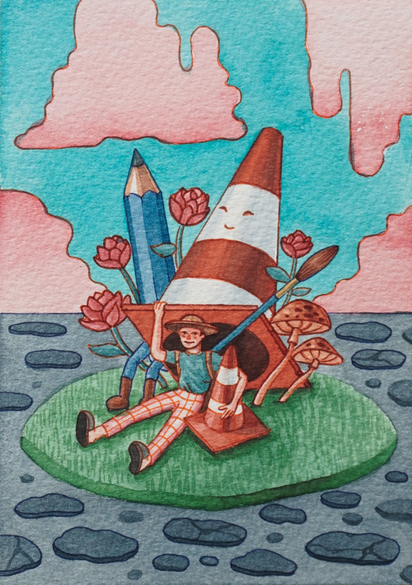 “Detour Cones” Watercolor & Ink on Paper (17cm x 23cm)