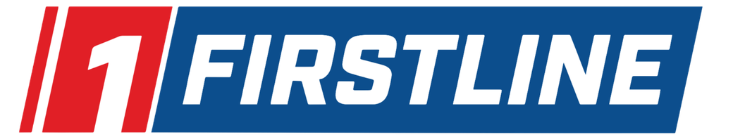 Close-up of a logo with a red, white, and blue design that reads "1 FIRSTLINE".