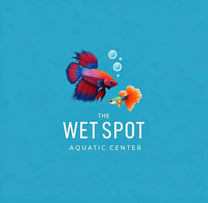 Logo for The Wet Spot Aquatic Center featuring two colorful fish swimming against a blue background.