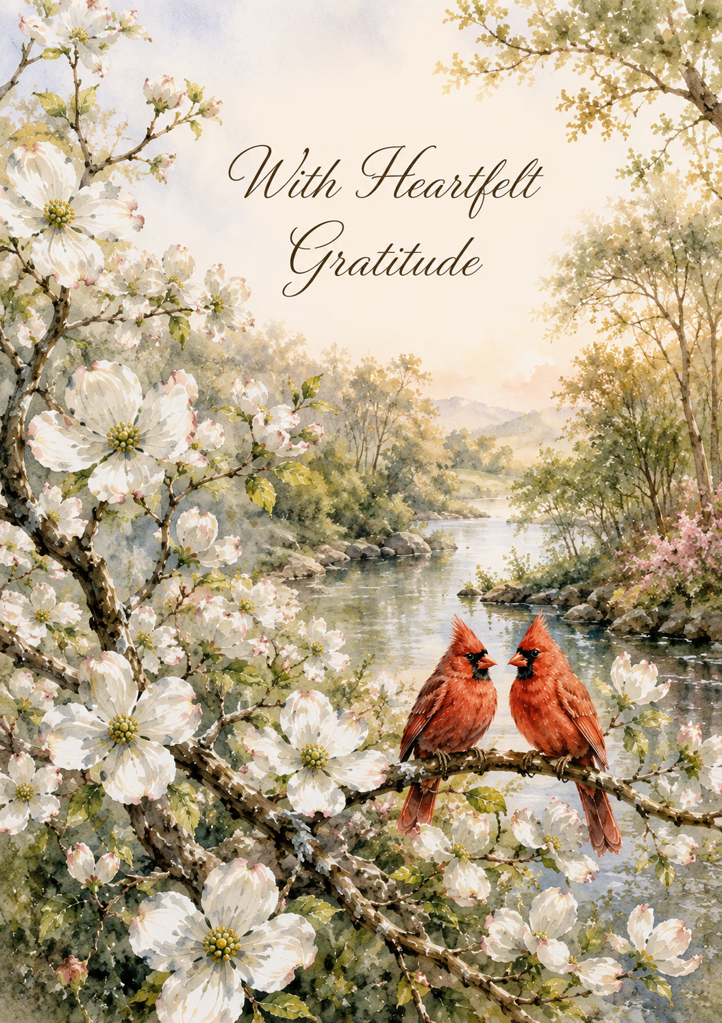 With Heartfelt Gratitude – Sympathy Thank You Card with Dogwood Blossoms & Cardinals