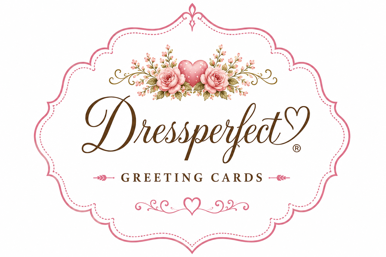 A greeting card design with a decorative pink scalloped border, pink flowers and a heart, and the text "Dressempact Greeting Cards" in elegant cursive.