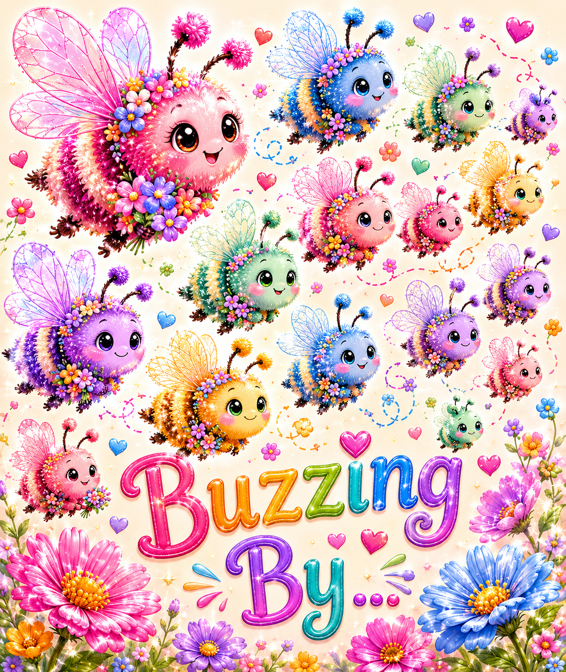 Buzzing By to Say Hi greeting card featuring colorful bees and flowers. Cute thinking of you card, friendship card, hello card, encouragement card, and just because greeting card.