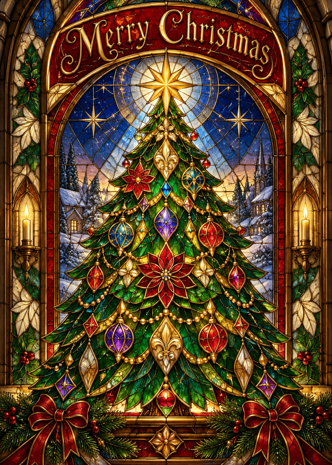 Stained Glass Christmas Tree Card – Elegant Christmas Blessings Holiday Greeting Card