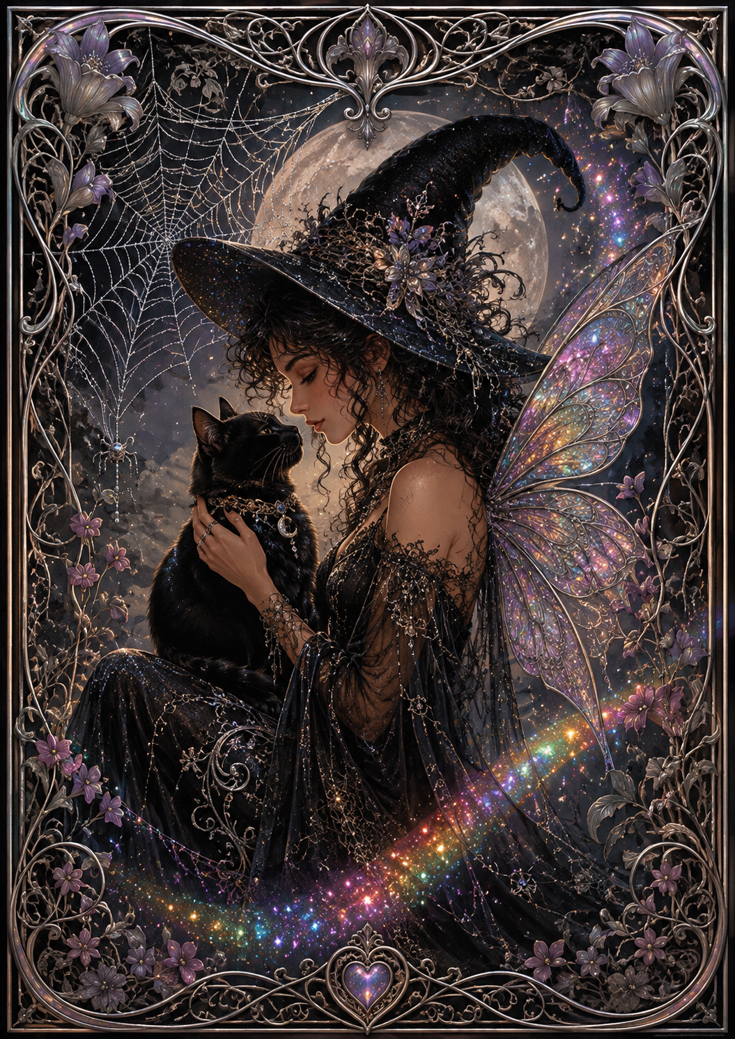 Black Fairy and Cat Greeting Card | Gothic Witch Card | Beautiful Dark Mysterious