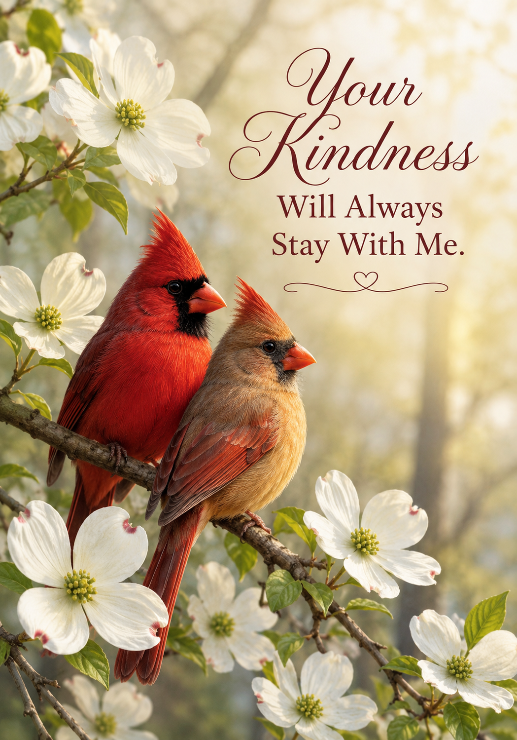 Your Kindness Will Always Stay With Me Sympathy Thank You Card – Cardinals, Dogwood Flowers & Heartfelt Gratitude